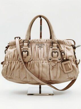 Prada Gaufre Beige Leather Ruched Satchel Shoulder Bag 2 Way Handbag
